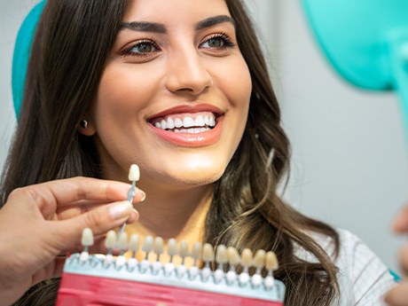 Patient smiles while dentist uses shade guide for dental crown